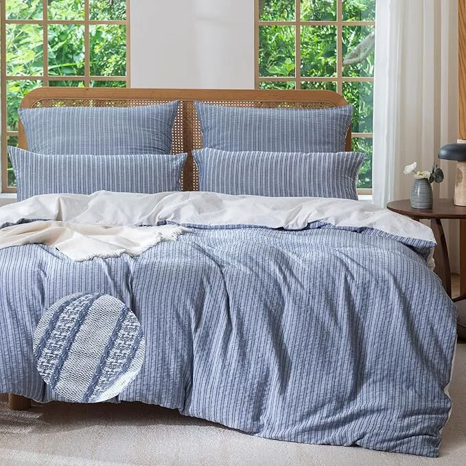 Trendy MILDLY Jacquard Stripe Duvet Cover – Washed Cotton Blue Boho Textured Comforter Cover Set with Zipper Closure 90 quot x90 quot Organic