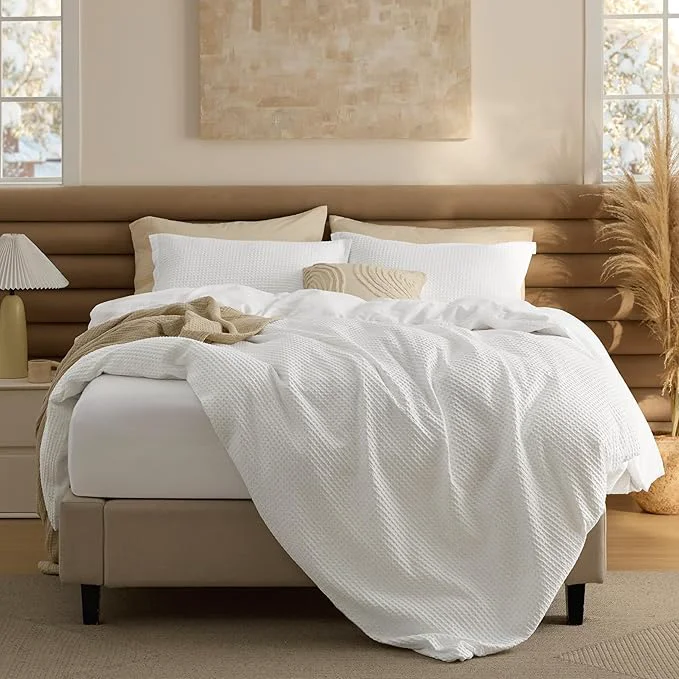 Green Bedsure Cotton Duvet Cover King Size with Fitted Sheet – 4 Pieces Coconut White Waffle Weave Bedding Set GentleSoft™ and Breathable Includes 1 Duvet Cover 104×90 1 Fitted Sheet 2 Pillow Shams Elegant