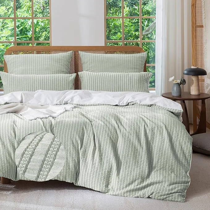 Exceptional MILDLY Jacquard Stripe Duvet Cover – Sage Green Washed Cotton Boho Textured Comforter Cover Set with Zipper Closure 104 quot x90 quot Proven