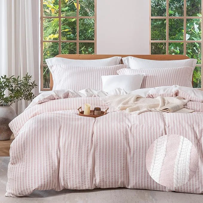 Long-Lasting MILDLY Pink Striped Duvet Cover – Washed Cotton Jacquard Textured Comforter Cover with Dual Zipper Closure amp 8 Coner Ties Reusable