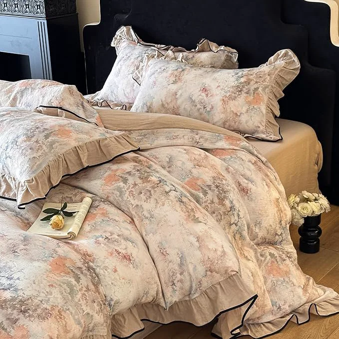 Advanced VM VOUGEMARKET Cotton Muslin Duvet Cover Queen Vintage Floral Duvet Cover with Ruffles Soft Linen Like Gauze Comforter Cover with Zip Closure and Corner Ties- 90 quot x90 quot Secure