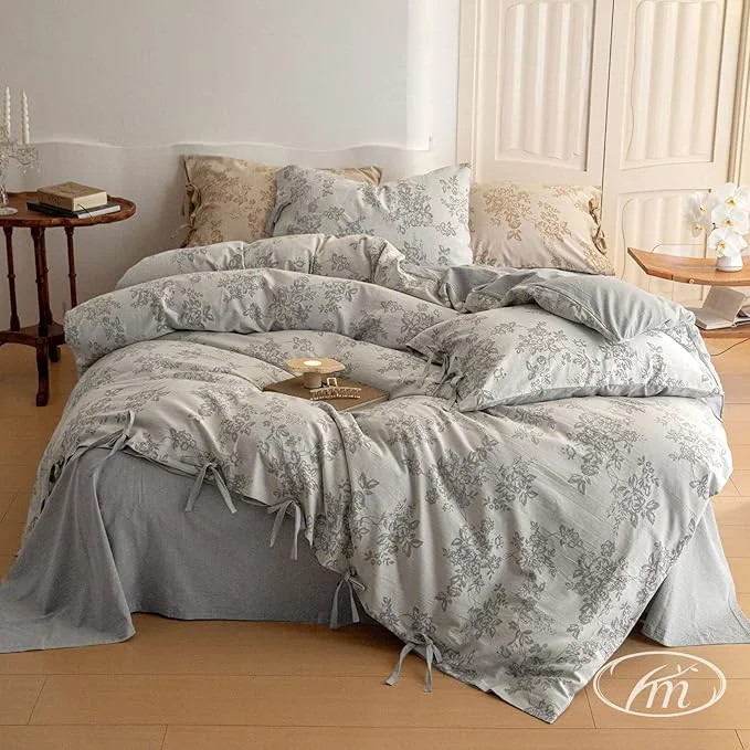 Solid VM VOUGEMARKET Jacquard Floral Duvet Cover Queen Gray Bedding Set Linen Cotton Yarn-Dyed Comforter Cover 90 quot x90 quot with 2 Pillowcases Soft Breathable Gray Healthy