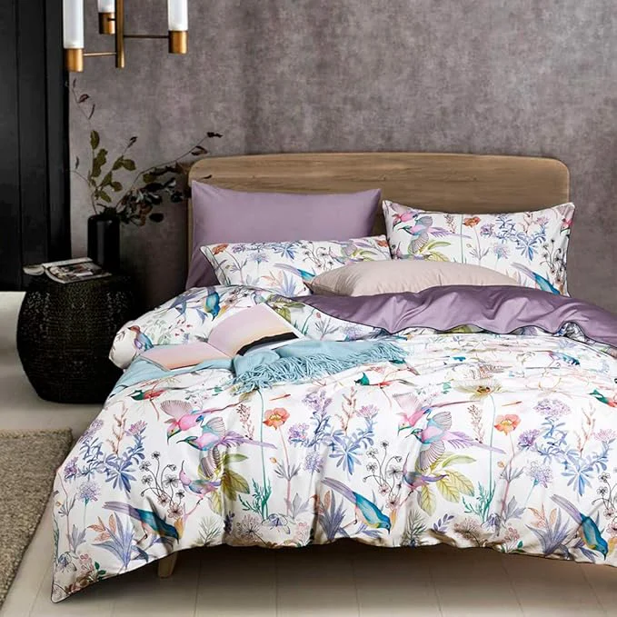 Reliable VM VOUGEMARKET Multi Color King Duvet Cover Set with Floral Bird Pattern White Purple Bedding Set Lightweight Elegant Botanical Duvet Cover for Girls Original