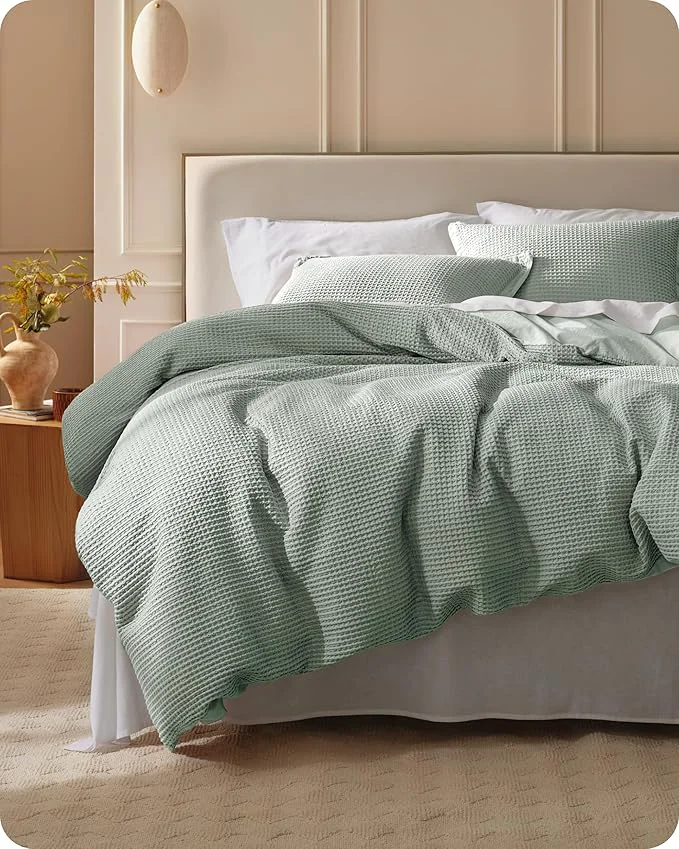 Expertly Made Bedsure Cotton Duvet Cover King – Cotton Waffle Weave Sage Green Duvet Cover King Size GentleSoft™ and Breathable Bedding Set for All Season 3 Pieces 104 quot x90 quot Genuine