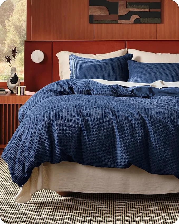 Eco-Friendly Bedsure Cotton Duvet Cover Queen – Cotton Waffle Weave Navy Blue Duvet Cover Queen Size GentleSoft™ and Breathable Bedding Set for All Season 3 Pieces 90 quot x90 quot First-Class
