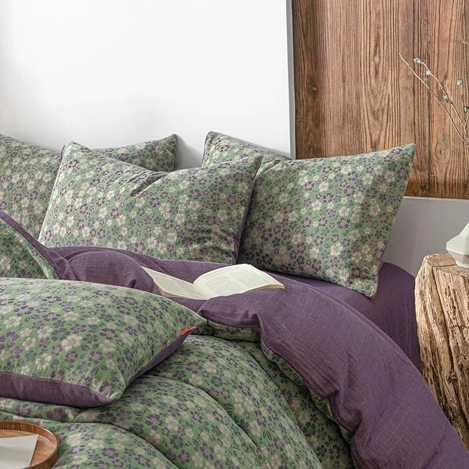 Secure VM VOUGEMARKET Green amp Purple Floral Jacquard Duvet Cover Set Queen Breathable Double Layer Gauze Farmhouse Style Bedding Set for Home First-Class