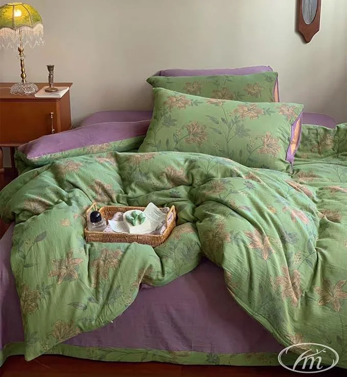 Soft VM VOUGEMARKET Green Flower Duvet Cover Set Twin 3Pcs Yarn-Dyed Linen Cotton Jacquard Duvet Cover with 2 Pillowcases Garden Style Green Purple Bedding Set for Girls Women Without Comforter High-End