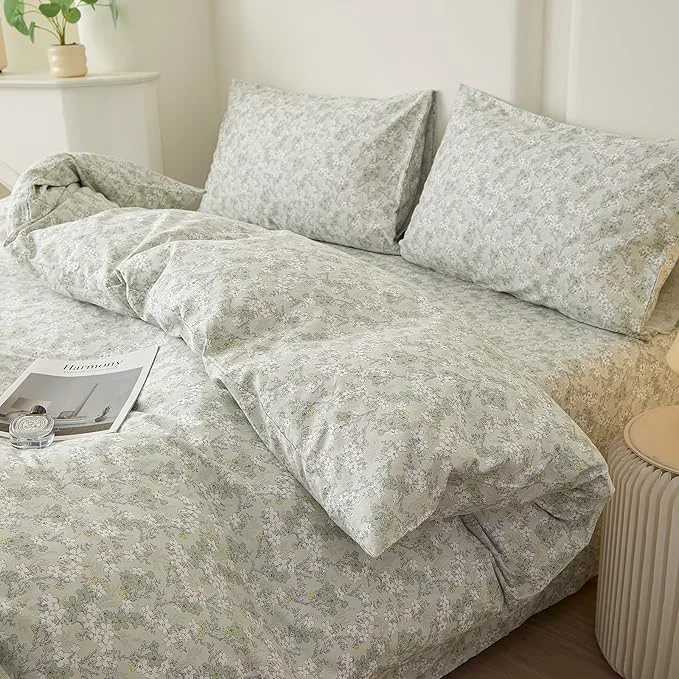 Exclusive VM VOUGEMARKET Twin Duvet Cover Set with Green Flower Pattern Pure Cotton Bedding Set Vintage Floral Prints Comforter Cover Conquette Cottagecore Bedding for Teen Girls Advanced