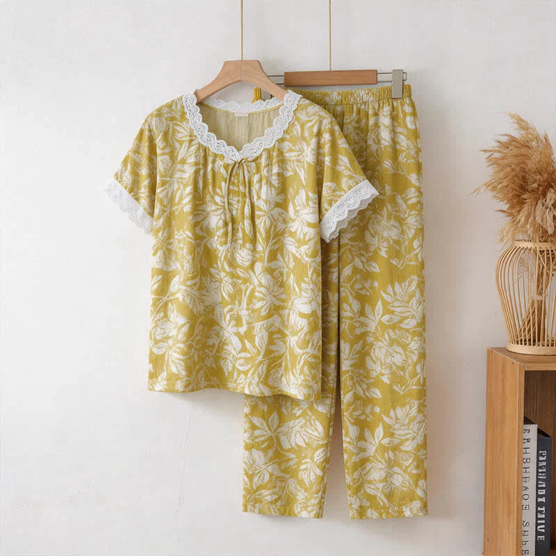 Optimized Ownkoti Botanical Cotton Lace Trim Loungewear Set Flexible