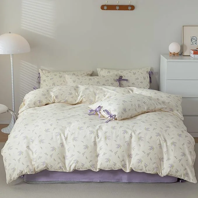 Professional VM VOUGEMARKET King Duvet Cover Set 3 Pieces Purple Floral Duvet Cover with 2 Bow Ties Pillowcases Cotton Lavender Flower Bedding Set-King 104×90 Inch User-Friendly