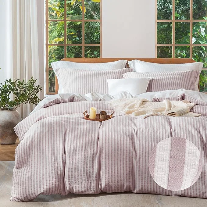 Crafted MILDLY Jacquard Stripe Duvet Cover – Washed Cotton Pale Mauve Boho Textured Comforter Cover 3pcs with Zipper Closure 104 quot x90 quot Classic