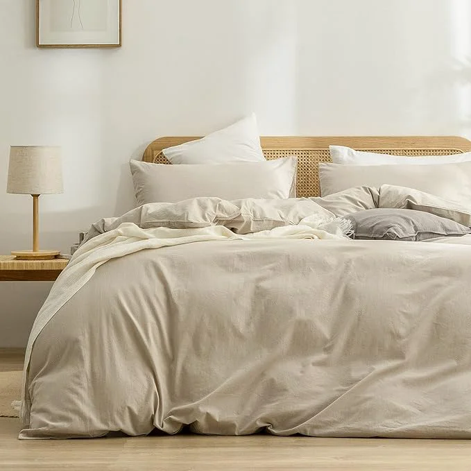 Next-Generation OUCH Duvet Cover Set Washed Cotton Linen Feel Super Soft Comfortable Chic Lightweight 3 PCs Home Bedding Set Solid Almond Milk Grey Oversized Queen Proven