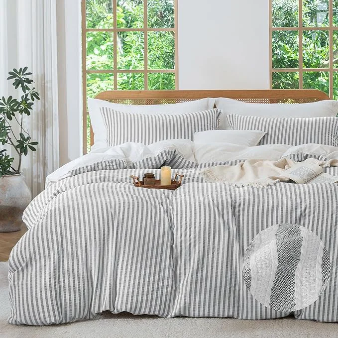 Excellent MILDLY Grey Striped Duvet Cover – Washed Cotton Jacquard Boho Textured Comforter Cover 2pcs with Corner Ties Zipper Closure 68 quot x90 quot Long-Lasting