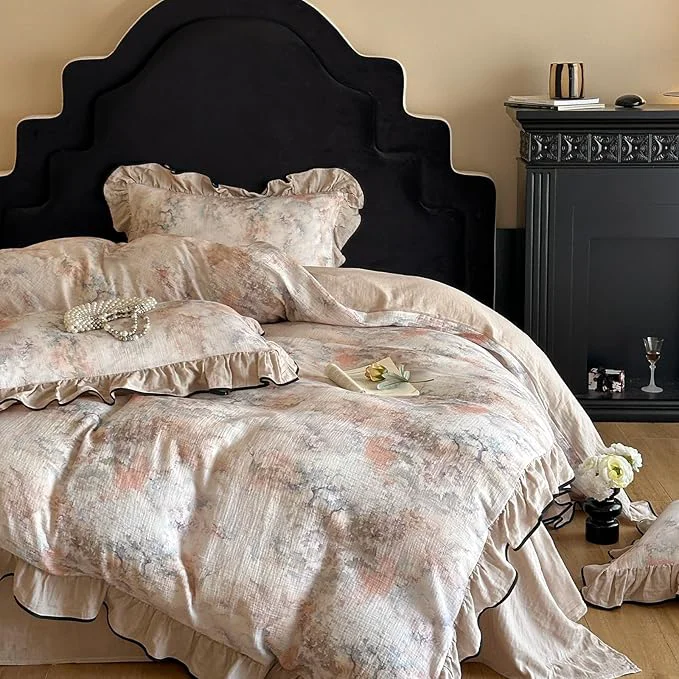 Convenient VM VOUGEMARKET Girls Ruffle Duvet Cover Set Twin Breathable Muslin Cotton Flower Duvet Cover Soft Linen Like Gauze Bedding Set-68×86 Inch Comfortable