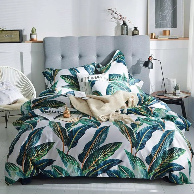 Breathable VM VOUGEMARKET King Duvet Cover Set Tropical Leaves Bedding Set 3 Piece Egyptian Cotton Green Quilt Cover with Zipper Closure Reversible Vintage Printed Luxury Bedding Set-Tropical Leaf King Reliable