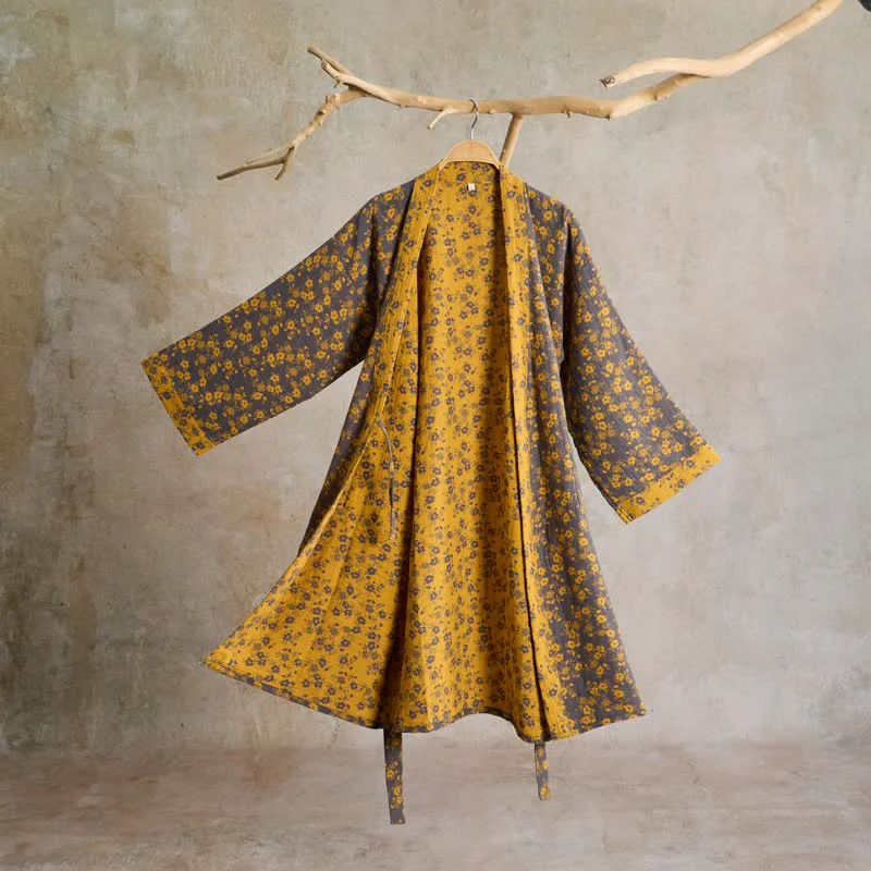 Crafted Ownkoti Yellow Floral Cotton Gauze Kimono Robe Casual