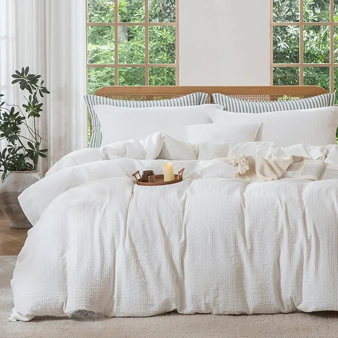 Natural MILDLY White Striped Duvet Cover – Washed Cotton Jacquard Textured Comforter Cover with Dual Zipper Closure amp 8 Coner Ties Stylish