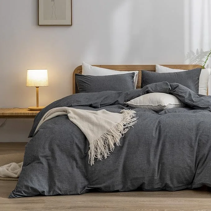 Professional OUCH Duvet Cover Set Washed Cotton Linen Feel Super Soft Comfortable Chic Lightweight 3 PCs Home Bedding Set Solid Dark Black Full Double High-End