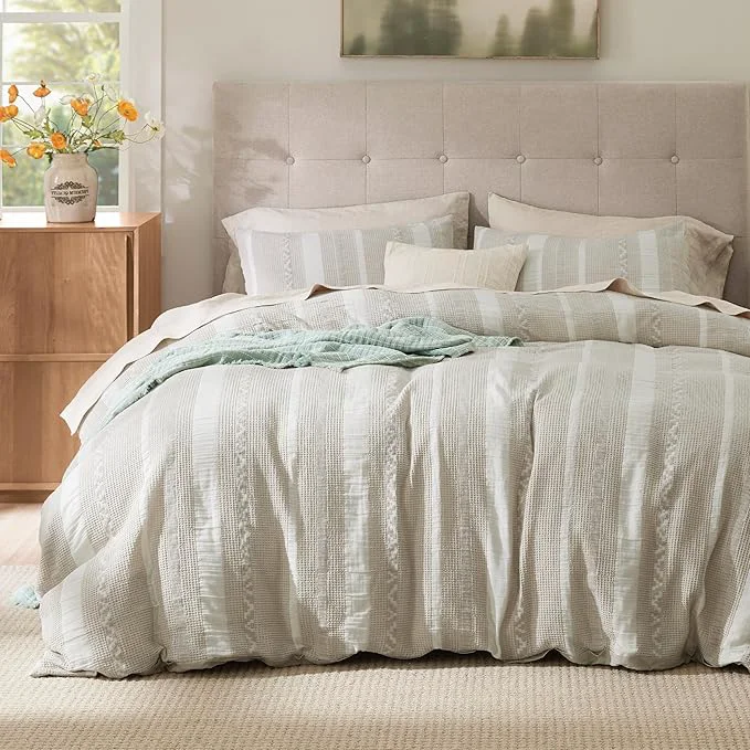 Natural Bedsure Waffle Weave Duvet Cover Queen – Cotton Boho Duvet Cover with 2 Pillowcases – Linen Color Textured Comforter Cover with Zipper Closure Queen 90 quot x90 quot Pure