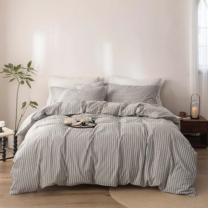 Breathable Stripe Duvet Cover King Size 104inch x 90inch Washed Cotton Linen Feel Duvet Cover Pinstripe Duvet Cover with Zipper Closure and 2 Pillowcases Color of Grey and White Stripe Green