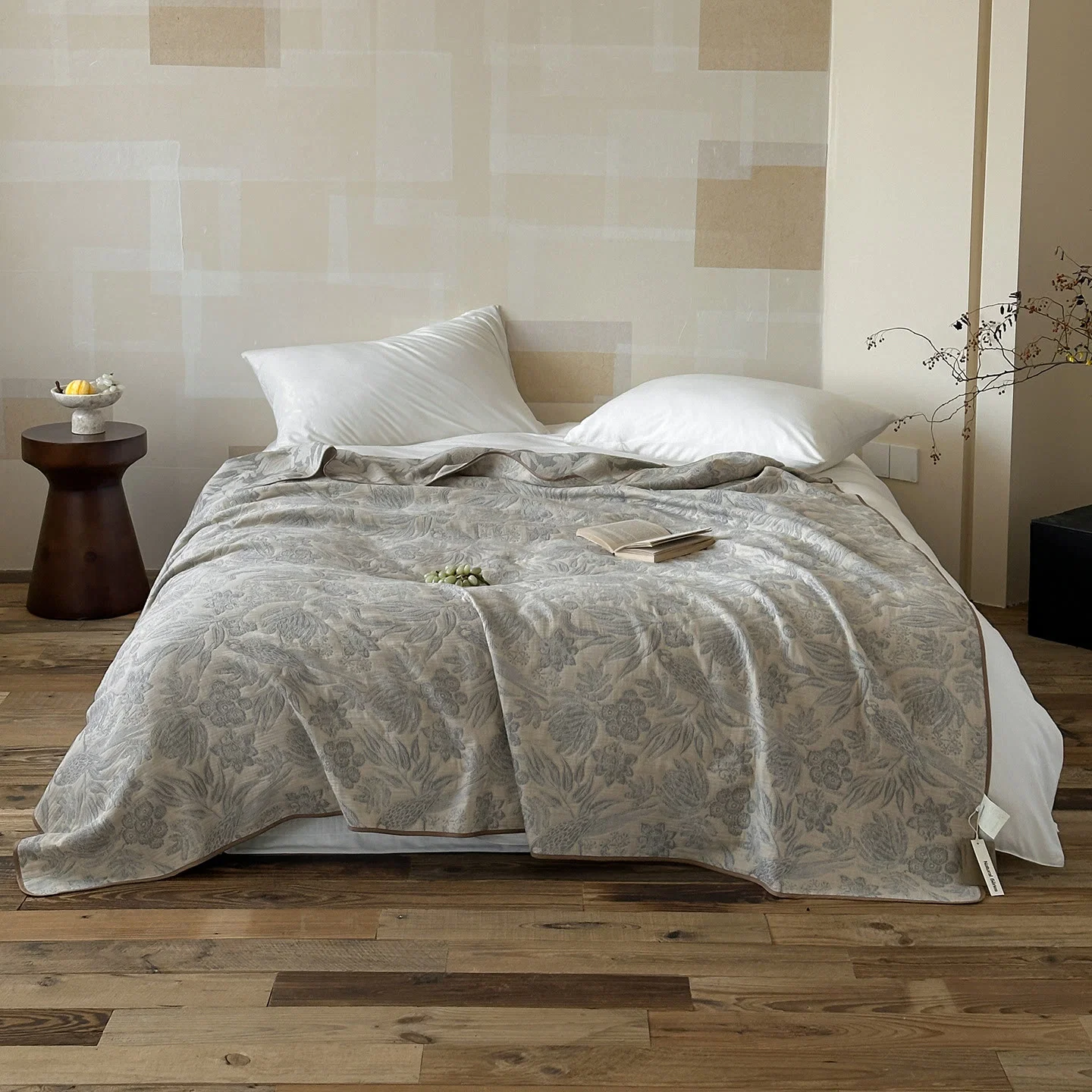 Artisan Ownkoti Elegant Rustic Grey Floral Muslin Quilt Easy-to-Use