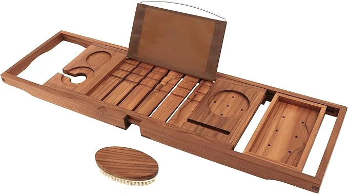 Efficient VaeFae Premium Teak Bathtub Tray Expandable Wooden Bath Tray Excellent