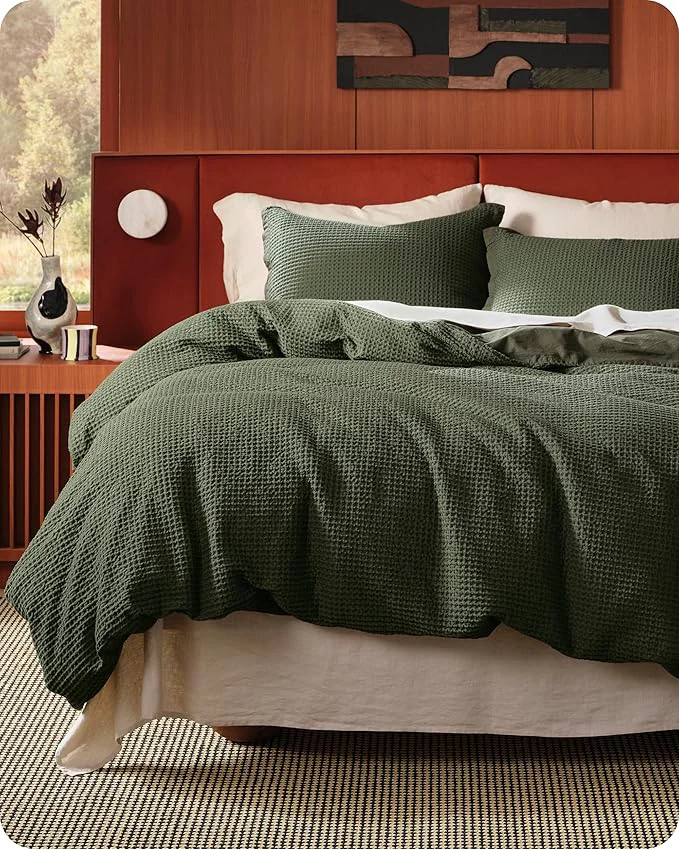 Trendy Bedsure Cotton Duvet Cover Queen – Cotton Waffle Weave Olive Green Duvet Cover Queen Size GentleSoft™ and Breathable Bedding Set for All Season 3 Pieces 90 quot x90 quot