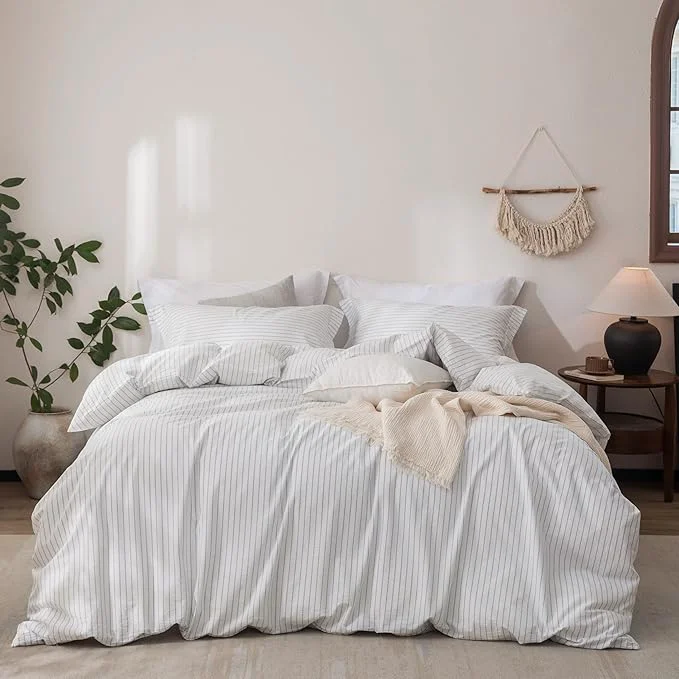 Advanced Stripe Linen Feel Duvet Cover Queen Size 90inch x 90inch Washed Cotton Duvet Cover with Zipper Closure and 2 Pillowcases Stripe of White-Cornflower Blue Expertly Made