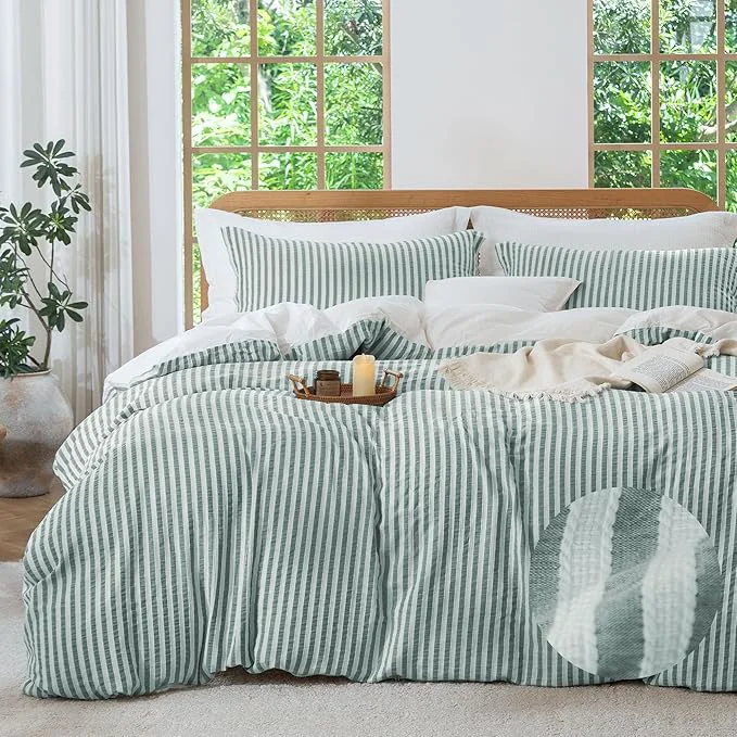 Optimized MILDLY Green Striped Duvet Cover – Washed Cotton Jacquard Textured Comforter Cover with Dual Zipper Closure amp 8 Coner Ties Clean
