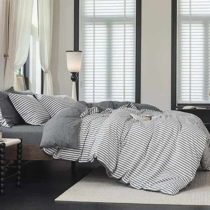Luxury Reversible Duvet Cover Set Washed Cotton Dark Grey Stripe Linen Feel Duvet Cover King Size with Zipper Closure amp 2 Pillow Shams Dark Grey White Stripe Reverse Solid Dark Grey Quality