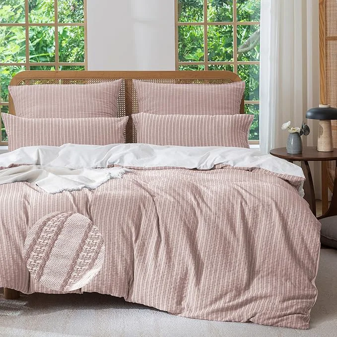 Solid MILDLY Jacquard Stripe Duvet Cover – Washed Cotton Pale Mauve Boho Textured Comforter Cover Set with Zipper Closure 90 quot x90 quot Certified