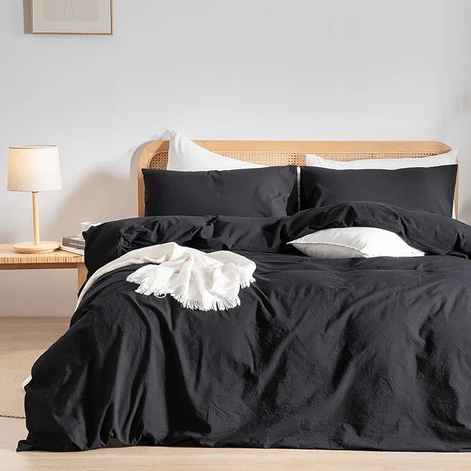 Eco-Friendly OUCH Duvet Cover Set Washed Cotton Linen Feel Super Soft Comfortable Chic Lightweight 3 PCs Home Bedding Set Solid Deep Black Super King Plus Minimalist