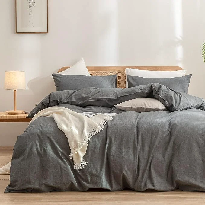 Detailed OUCH Duvet Cover Set Washed Cotton Linen Feel Super Soft Comfortable Chic Lightweight 2 PCs Home Bedding Set Solid Dark Grey Twin Twin XL Efficient