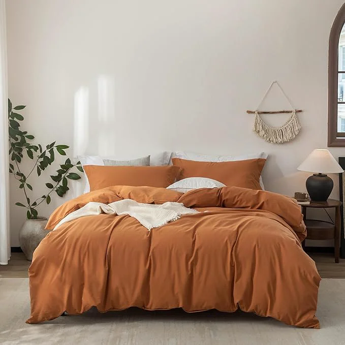 Original Linen Feel Duvet Cover Queen Size 90inch x 90inch Washed Cotton Duvet Cover with Zipper Closure and 2 Pillowcases Color of Burnt Orange Specialty
