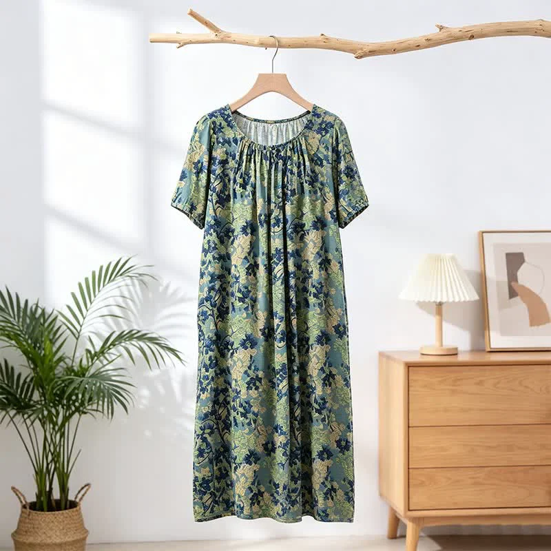 Next-Generation Ownkoti Green Floral Gathered Neck Lounge Dress Sustainable