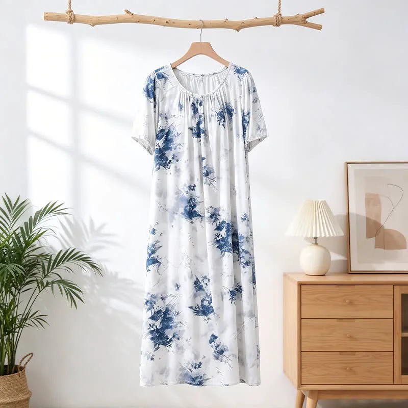 Dependable Ownkoti Blue Ink Style Floral Lounge Dress Fast