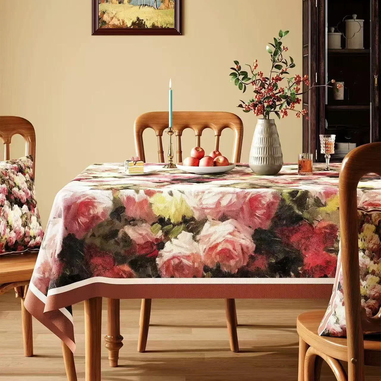 Selected Ownkoti Vintage Oil-Painting Rose Floral Tablecloth Authentic
