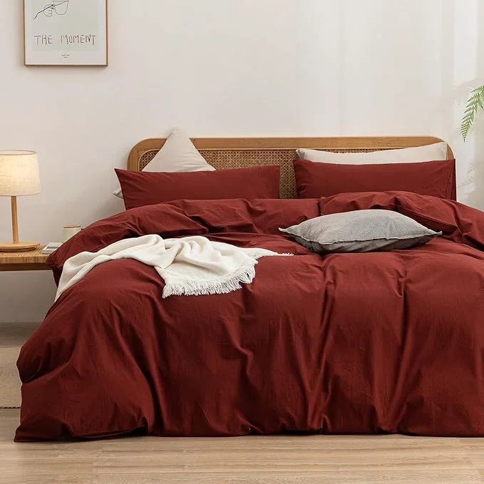 Proven OUCH Duvet Cover Set Washed Cotton Linen Feel Super Soft Comfortable Chic Lightweight 3 PCs Home Bedding Set Solid Fired Brick Red Super Queen Dependable