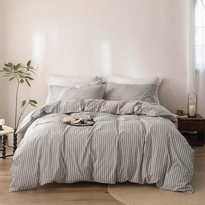 Traditional Stripe Duvet Cover Full Size 90inch x 80inch Washed Cotton Linen Feel Duvet Cover with Zipper Closure and 2 Pillowcases Color of Grey-White Stripe User-Friendly