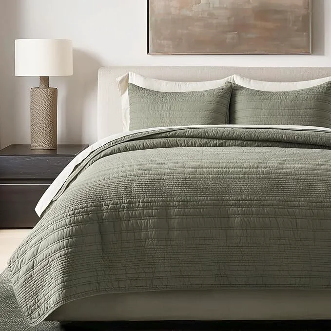 Versatile EVERGRACEHOME Cotton Modern Lines Quilt Set Queen Size Pre-Washed Soft Striped Coverlet Bedspread 3 Piece Lightweight Bedding Set for All Season with 2 Pillow Shams Olive Green Safe