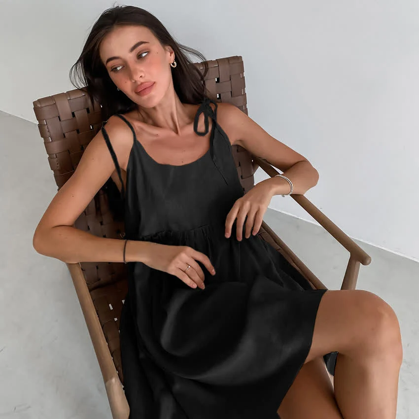 Relaxed Ownkoti Casual Cotton Linen Tie Strap Nightdress Excellent