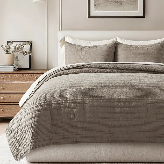 Optimized EVERGRACEHOME Cotton Modern Lines Quilt Set Queen Size Pre-Washed Soft Striped Coverlet Bedspread 3 Piece Lightweight Bedding Set for All Season with 2 Pillow Shams Stone Taupe Verified