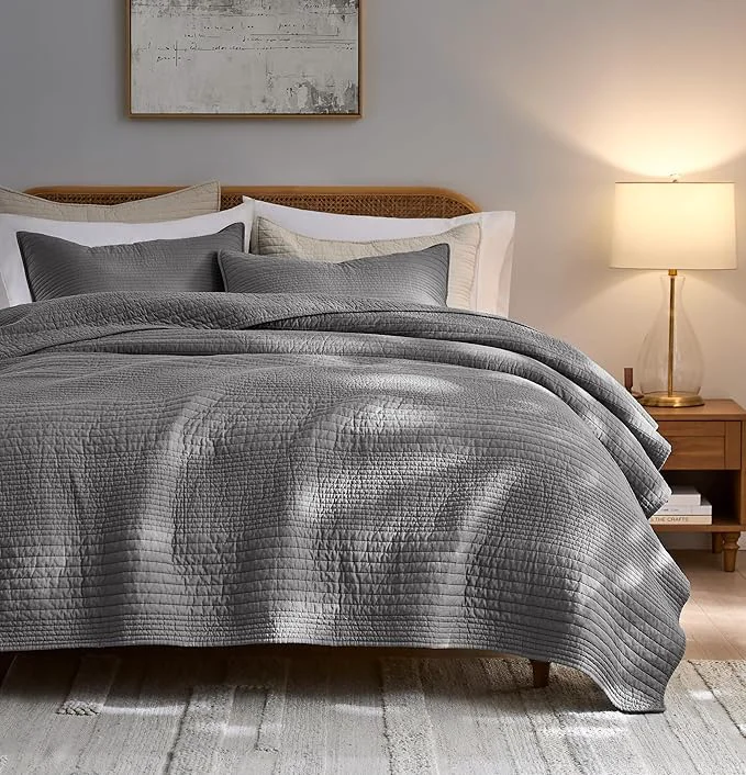 Relaxed palassio Striped Dark Grey Cotton Quilt Queen Size Bedding Sets Lightweight Crinkly Channel Pick Stitch Textured Bedspread Soft Shabby Chic Farmhouse Country Coverlet for All Season 2 Shams High-Grade