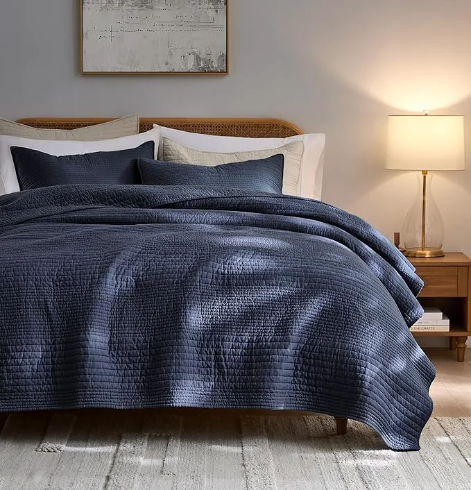 Original Design palassio Striped Navy Blue Cotton Quilt Queen Size Bedding Sets Lightweight Crinkly Channel Pick Stitch Textured Bedspread Soft Shabby Chic Farmhouse Country Coverlet for All Season 2 Shams Breathable