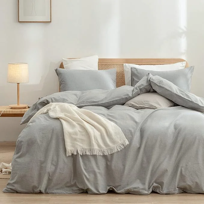Optimized OUCH Duvet Cover Set Washed Cotton Linen Feel Super Soft Comfortable Chic Lightweight 3 PCs Home Bedding Set Solid Light Grey King Exceptional