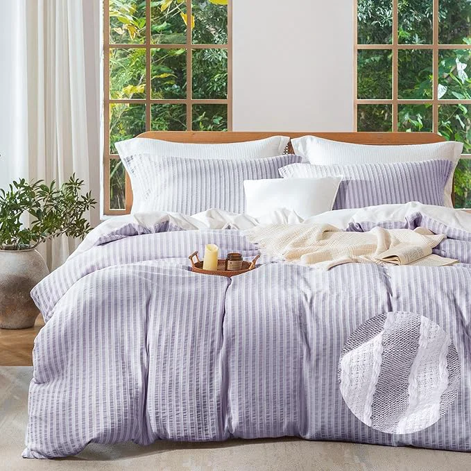 Enhanced MILDLY Purple Striped Duvet Cover – Washed Cotton Jacquard Textured Comforter Cover with Dual Zipper Closure amp 8 Coner Ties Durable