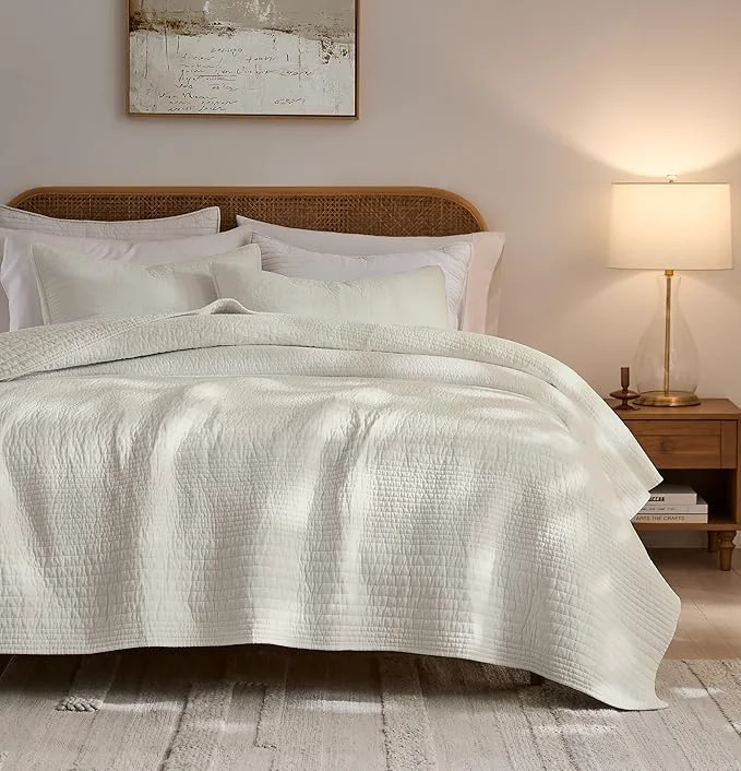 palassio Striped Beige Cotton Quilt Queen Size Bedding Sets Lightweight Crinkly Channel Pick Stitch Textured Bedspread Soft Shabby Chic Farmhouse Country Coverlet for All Season 2 Shams Elegant