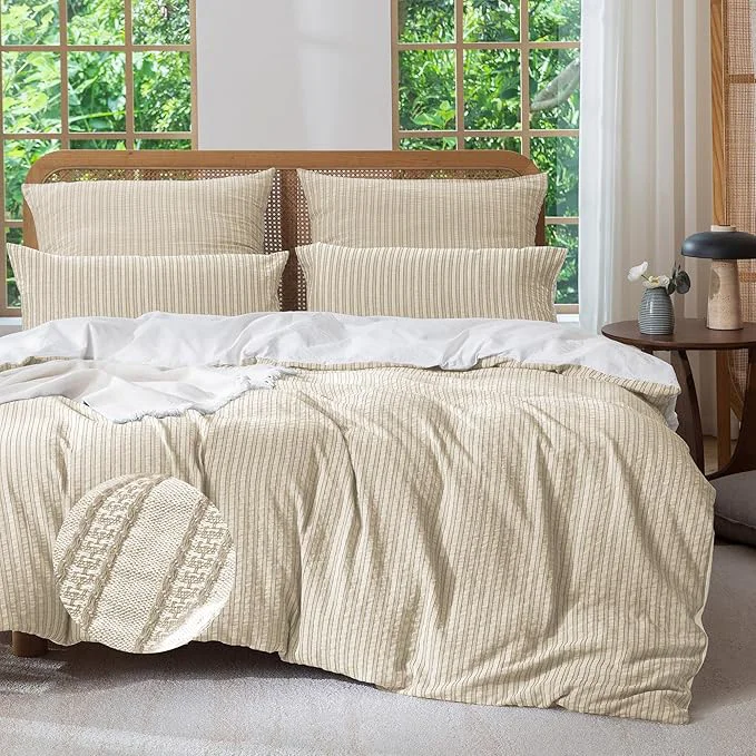 Genuine MILDLY Jacquard Stripe Duvet Cover – Washed Cotton Khaki Boho Textured Comforter Cover Set with Zipper Closure 104 quot x90 quot Clean