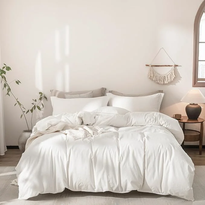 Effective Linen Feel Duvet Cover Super King Plus Size 120inch x 120inch Washed Cotton Duvet Cover with Zipper Closure and 2 Pillowcases Color of Off White Top-Quality