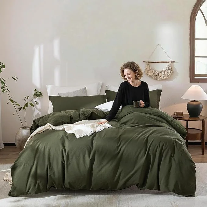 Excellent Linen Feel Duvet Cover Twin Size 90inch x 68inch Washed Cotton Duvet Cover with Zipper Closure and One Pillowcases Color of Olive Green Crafted